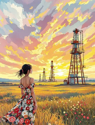 Japanese woman wearing a floral-pattern summer dress stands in a golden field looking toward rusted oil derricks under a vibrant sunset sky with impressionistic clouds and clear ligne claire outlines.