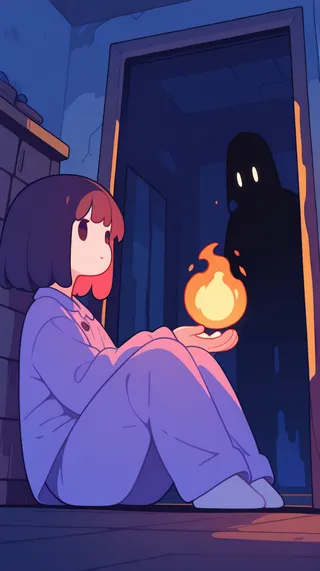 A woman wizard sitting in pajamas in the corner of a child's room at night, holding a glowing fireball that casts eerie shadows in a dark, dystopian environment.