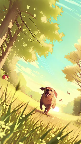 A cheerful dog running towards the viewer through a sunny field with trees, an apple on the ground, and a fisheye lens perspective.