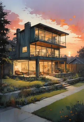 Highly detailed watercolor painting of a modern suburban house at sunset showcasing large glass windows and a landscaped garden, in the style of Jeremy Mann.