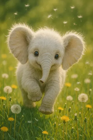 A fluffy white baby elephant cub joyfully waddling through a sunlit meadow full of yellow and white dandelions with dandelion seeds floating in the breeze.