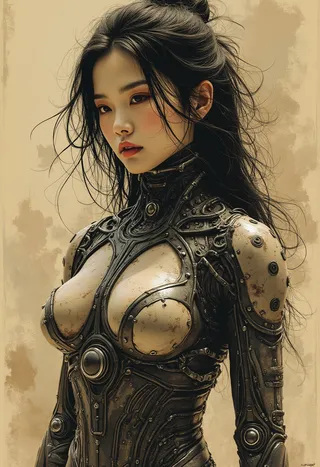 A beautiful oriental sci-fi woman with loose disheveled hair wearing an elaborate skin-tight bodysuit and power-armour chest plate, featuring cybernetic enhanced limbs, set against an abstract sepia-tinged background.