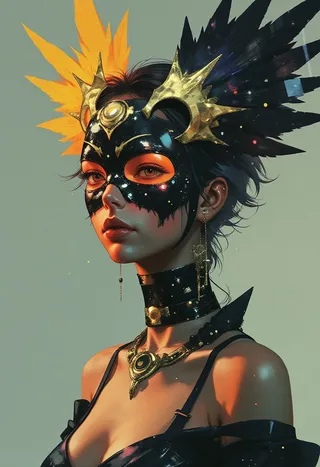 Portrait of a young woman wearing a black and gold gothic mask with intricate metallic designs and a dramatic black and yellow feathered headdress, against a muted background.