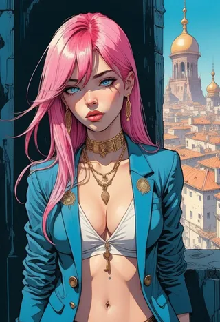 Portrait of a pink-haired girl with blue eyes wearing a blue street-art style blazer, golden jewelry, and a white top, set against an urban background with golden domes.