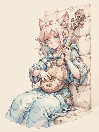 A cat girl with pink hair and blue eyes leans against a stone wall while playing a lute, illustrated in a pastel watercolor and graphite sketch style.