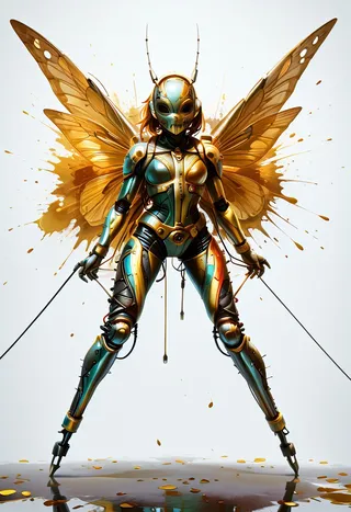 A futuristic female android in chrome armor with golden butterfly wings stands poised, surrounded by golden paint splatter effects on a white background.