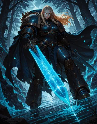 A fierce female warrior in dark power armor with glowing blue eyes stands in a moonlit forest wielding a glowing enchanted sword and wearing a flowing cape.