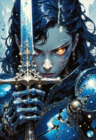 Close-up of a ghostly swordswoman with glowing orange eyes, holding an elaborately detailed cracked sword and wearing fractured blue armor with a skeletal hand gripping the hilt.