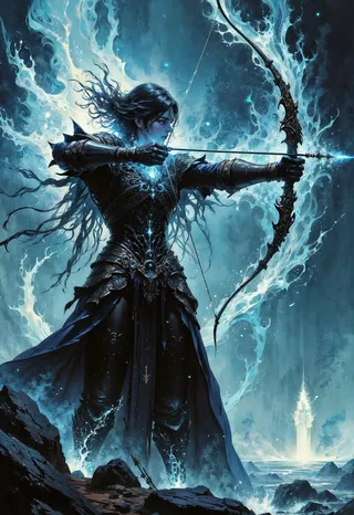 A ghostly archer with flowing dark hair, clad in armor shifting between stone and vapor, pulling back a bow with a glowing spectral arrow amidst a misty, blue-tinged battlefield with faintly glowing spirits in the background.