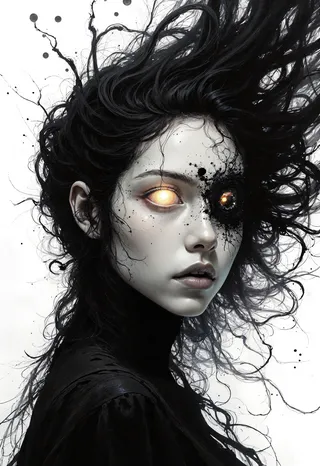 Surreal portrait of a woman with a porcelain mask face, one eye glowing with ancient energy, and hair morphing into swirling black ink and light forms.
