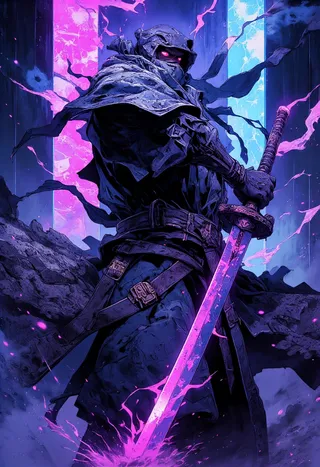 Dark cyberpunk ninja dressed in tattered dark clothing wielding a glowing purple and blue neon sword with neon slashes in a futuristic background.