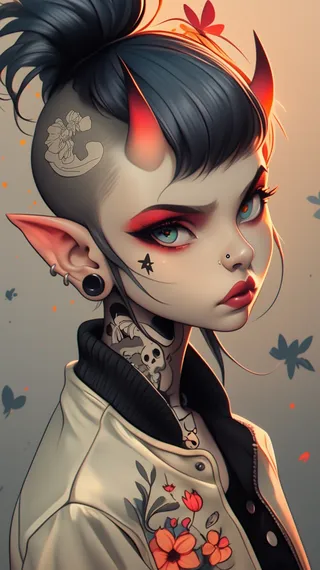 A sci-fi alien femme fatale with red horns, blue eyes, and various tattoos, wearing a jacket with flower embroidery.