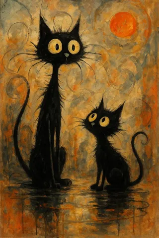 Surreal abstract painting featuring two black cats with exaggerated whimsical features and spiky fur, set against an earthy textured background with an orange sun.