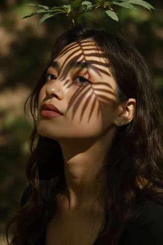 Portrait of a young woman with dark hair, outdoors with sunlight casting leaf-shaped shadows on her face.