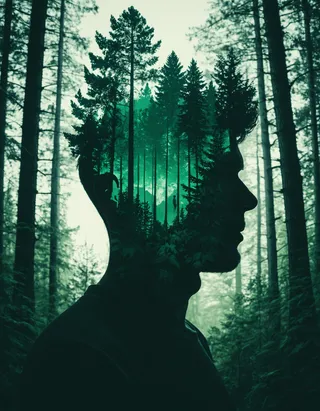 Surreal double exposure portrait of a man's side profile with a dense forest growing inside his silhouette, rendered in deep green tones.
