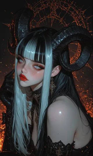 Digital art of a demon girl with glossy black and white hair, large curved horns, red lips, black elbow gloves, and intricate jewelry set against a fiery, dark fantasy background.