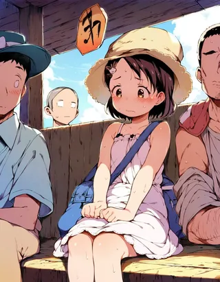 Anime girl wearing a sleeveless sundress and a large hat with a rabbit hair ornament, sitting on a wooden bench at a bus stop, blushing and sweating, surrounded by several boys.