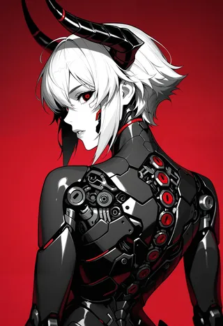 Black and white succubus cyborg with horns and exposed mechanical components on red background in cyberpunk style.