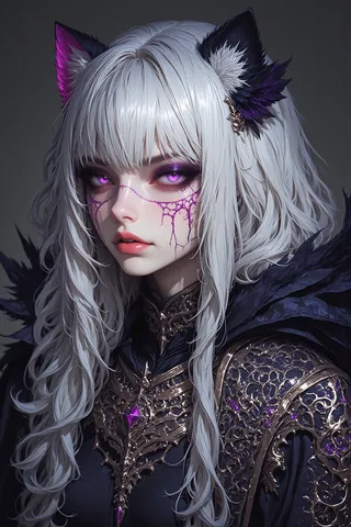 Digital illustration of a female with white hair, purple eyes, and anthro-like ears, wearing elaborately detailed armor with purple accents and intricate patterns on a dark background.