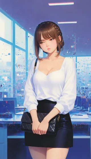 Young woman with a french braid hairstyle, wearing a white blouse and black miniskirt, holding a black handbag, standing in an office with desks and windows behind her, with a pouting expression.