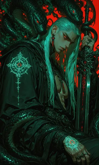 A muscular man with silver hair and red glowing eyes, dressed in a black robe adorned with glowing green sigils, sits holding a detailed sword. Several large green serpents coil around him against a red background.