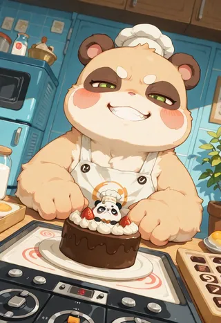 A chubby panda with big black eye patches and a tiny chef hat grinning while preparing a chocolate cake in a colorful kitchen.
