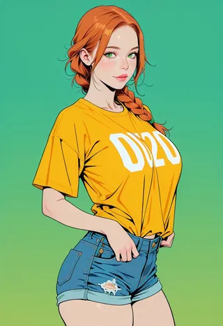 2D illustration of a redhead girl with a long braid, green eyes, and freckles wearing an oversized yellow t-shirt and ripped denim shorts against a green gradient background.