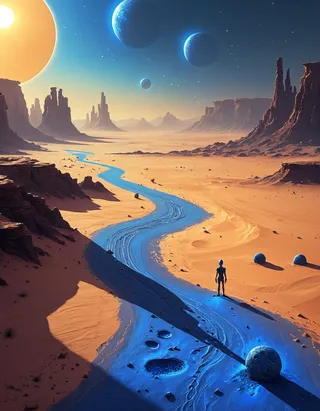 Digital painting of an expansive alien desert featuring blue sand winding through the landscape under two suns, with a lone figure standing beside a spherical object.
