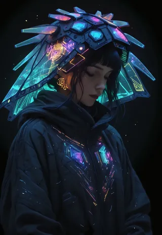 Portrait of a cosmic deity wearing an automaton helmet made of neon glass filaments, glowing with vibrant blue and purple lights, dressed in a techwear-inspired black hoodie with neon constellation patterns and cosmic tattoos on their skin.