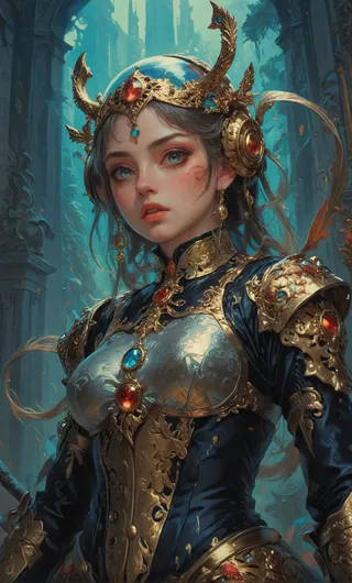Portrait of a female warrior in Renaissance-inspired ornate blue and gold armor adorned with intricate red and blue gemstones, set against a detailed fantasy architectural background.
