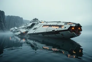 A massive crashed battleship with white corrosion and neon orange accents lies half-submerged in a misty alien ocean surrounded by jagged cliffs under a pale twilight sky.