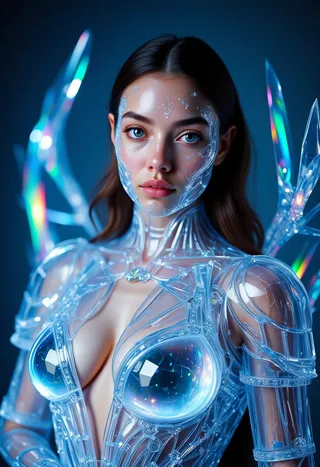 Photorealistic portrait of a female crystal figure with transparent skin and digital facets, featuring blue eyes, enhanced curves, and fiber cable wings emitting prismatic light.