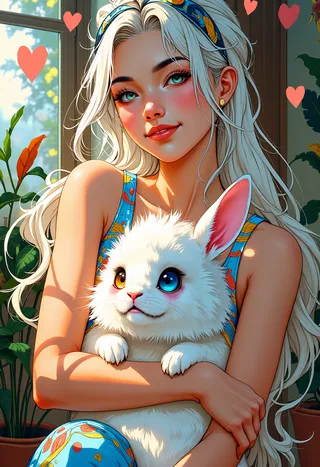 Close-up digital illustration of a white-haired young woman with heterochromatic eyes holding a fluffy white rabbit with heterochromia, surrounded by floating hearts in a sunlit room filled with exotic plants.