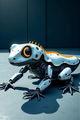 Robotic gecko with white and chrome-blue segmented chassis, glowing orange indicators, articulated limbs, and detailed biomechanical components on a smooth surface.