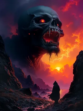 Colossal undead skull with glowing red eyes and sharp teeth under a vivid sunset sky, with a hooded figure standing on a rocky, shadowy path.