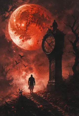 A blood-red moon glowing ominously over a dark forest, with a towering antique grandfather clock and a lone silhouetted figure walking beneath it, surrounded by flying bats and eerie volumetric lighting.
