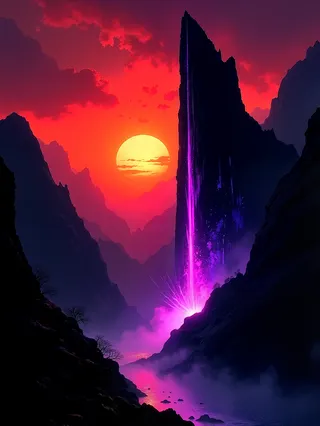A towering black monolith in a narrow alien valley with steep jagged mountains, glowing purple-pink light cascading from its edge under a vibrant red-orange sunset sky and glowing mist.