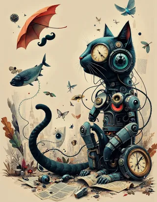 A robotic cat with mismatched limbs featuring clock faces and mechanical parts, surrounded by surreal objects like a floating umbrella with a moustache and a clock-faced fish, amidst collaged newspaper snippets and butterflies in a vector art style.