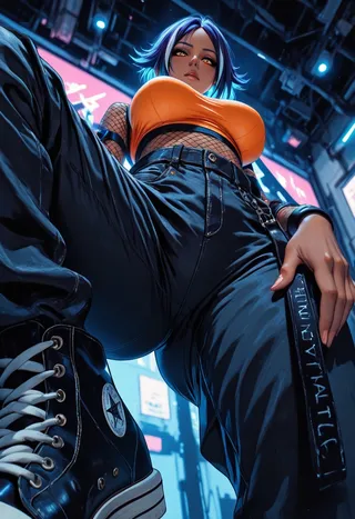 Dynamic low-angle view of a girl with blue streaked hair wearing an orange crop top, fishnet underlay, black baggy pants, and black Converse shoes in a vibrant cyberpunk city setting.