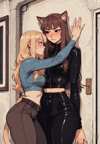 Two women in a hallway: a tall brunette catgirl with ears and a black shiny outfit pressed against the wall, and a smaller blonde woman with cat tail and light blue crop top leaning in closely, both blushing.