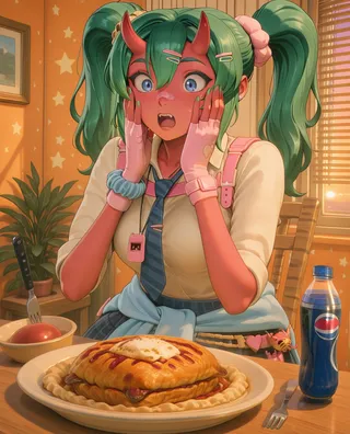 Red-skinned oni girl with green twin tail hair and horns, in a school uniform, looking surprised with hands on face at a kitchen sunset scene with a large plated meal and a bottle of Pepsi.