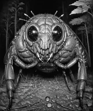 Monochrome close-up of a creepy giant beetle looking directly at the camera with large shiny eyes and sharp fangs, captured in a forest environment at night using a camera trap.