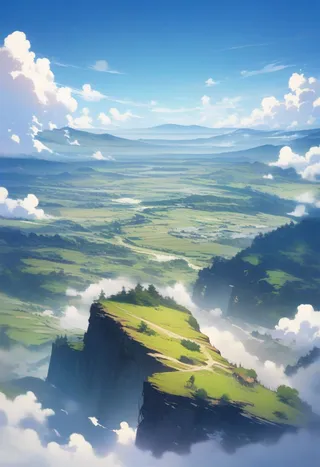 A scenic landscape featuring a mountain cliff with green fields under a blue sky, surrounded by clouds and overlooking a vast valley.