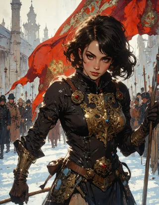 A fierce woman warrior in scavenged plate armor stands in snowy streets, holding a sawtoothed cleaver, with a large burning warlord's banner behind her and a crowd in the background.