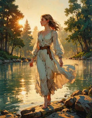 A woman resembling an elf with flowing brown hair in a vintage cream dress, standing barefoot on rocks by a crystal-clear lake at sunrise, surrounded by serene trees and golden sunlight.