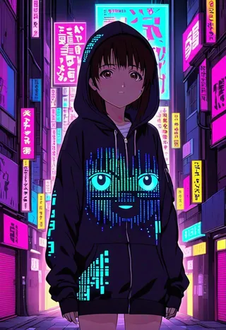 Anime character Iwakura Lain wearing a black hoodie with glowing cyan binary code and face design, standing in a neon-lit urban alley with purple and pink tones.