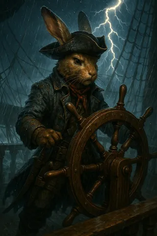 A humanoid pirate rabbit in a leather coat and pirate hat steering a pirate ship wheel amid a storm with rain and lightning in the background.