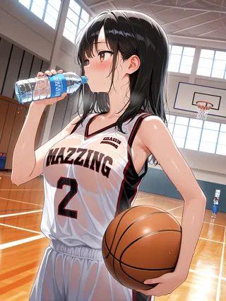Young girl in a see-through basketball uniform drinking water from a bottle while holding a basketball inside an indoor basketball court with sweat and blush on her face.