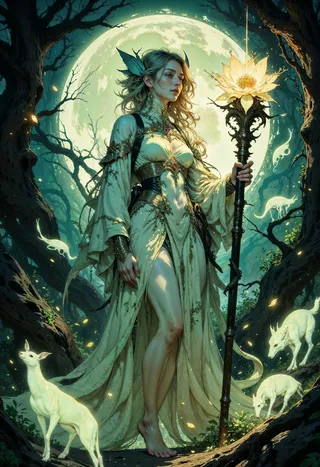 Ethereal forest guardian woman holding a glowing ancient staff in a mystical forest with ghostly animals and a large full moon in the background.