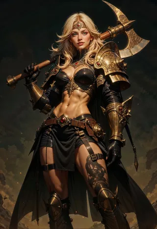 Muscular blonde female warrior in detailed fantasy armor holding an ornate golden axe over her shoulder, with a snake tattoo on her thigh and golden circlet on her head.
